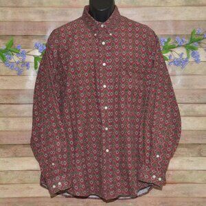 VTG Cambridge Mens XXL Maroon Burgundy Corduroy Geometric Print Button Up Preppy